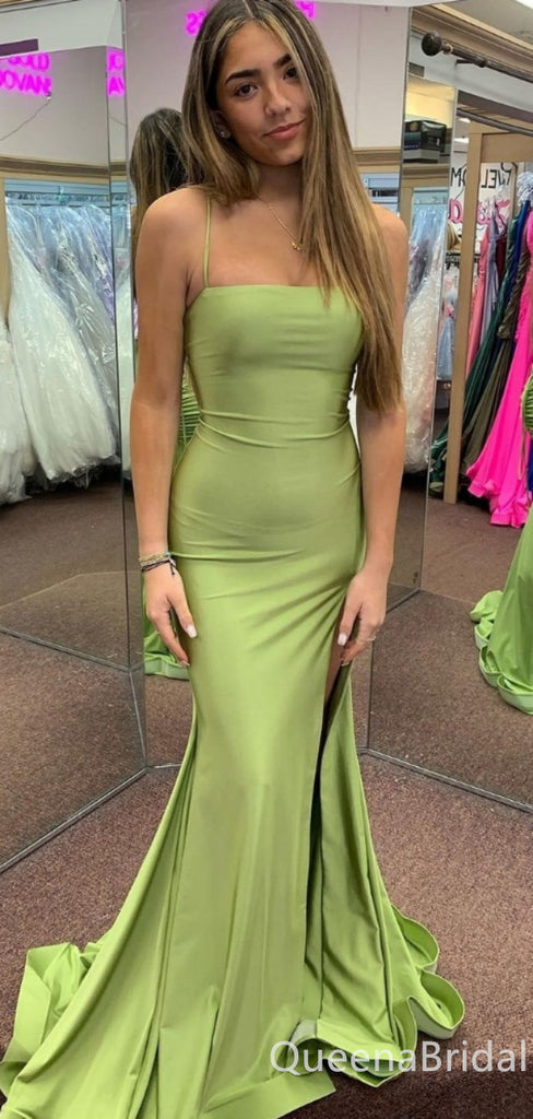 Sexy Green Mermaid Spaghetti Straps Lace Up Back Evening Gown Maxi Long Formal Dresses Prom Dresses with High Slit ,WGP871