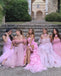 Elegant Pink Floral Strapless Tulle Side Slit Mermaid Long Evening Prom Dresses,WGP509