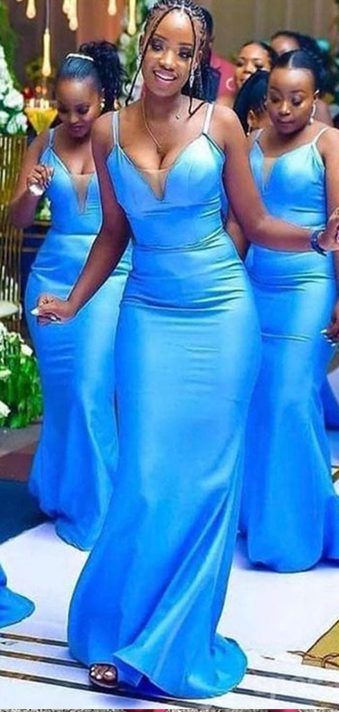 Elegant Blue V Neck Spaghetti Straps Mermaid Simple Long Cheap Bridesmaid Dresses, BDS0188