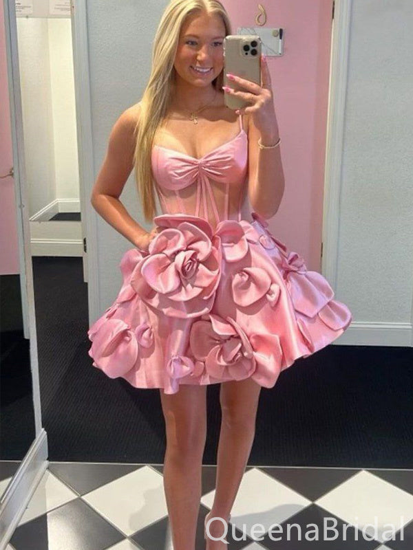 Sexy Pink 3D Floral Spaghetti Straps Sweetheart Ball Gown Short Homecoming Dresses, QB0602