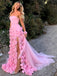 Elegant Pink Floral Strapless Tulle Side Slit Mermaid Long Evening Prom Dresses,WGP509