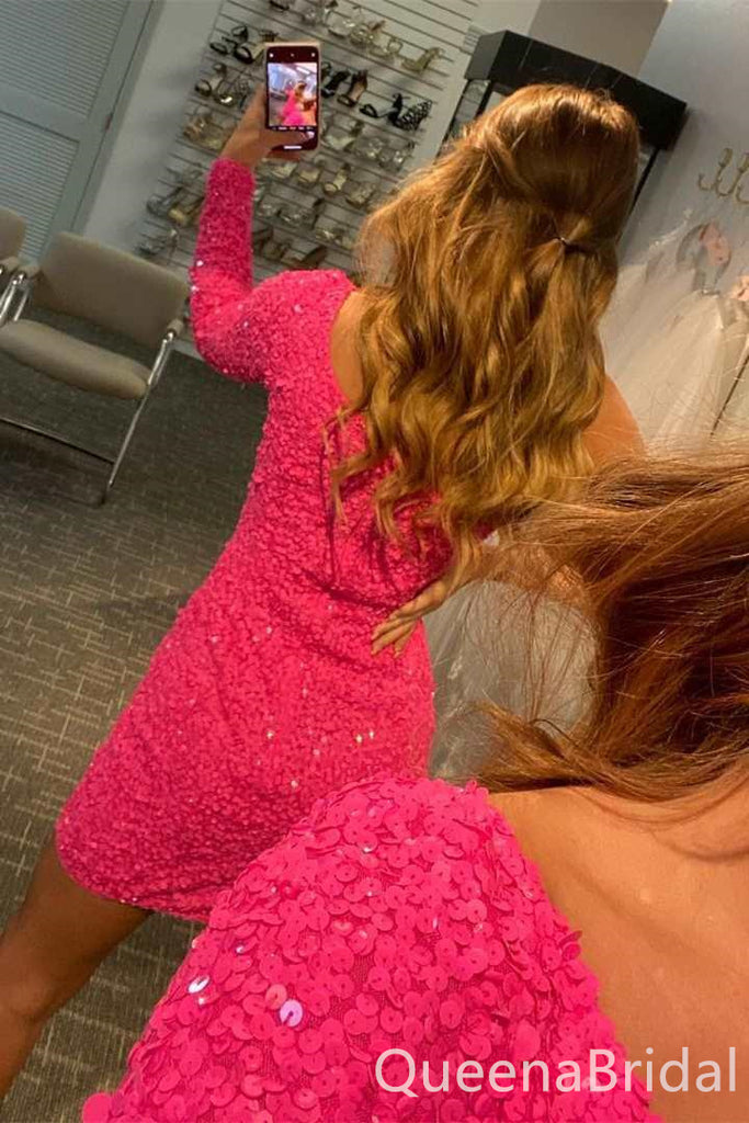 Mermaid One Shoulder Single Long Sleeve Sparkle Pink Tight Graduation Party Short Homecoming Dresses ,QB0732