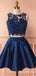 Two Pieces O-neck A-line Navy Blue Lace Appliques Graduation Party Short Homecoming Dresses,QB0747