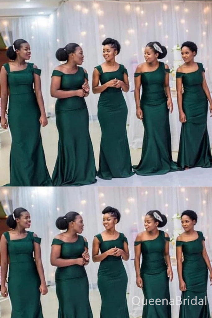 Green One Shoulder Off Shoulder Mermaid Long Bridesmaid Dresses , BDS0189