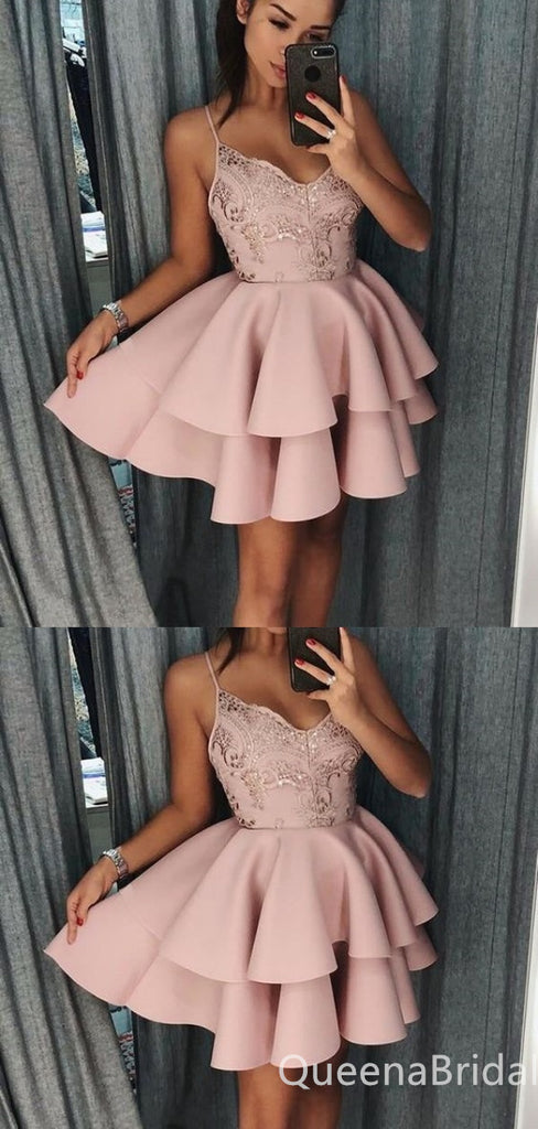 Sexy Spaghetti Straps Pink Lace Appliques A-line Short Homecoming Dresses with Ruffles, QB0608