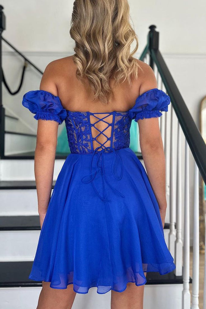 Elegant Royal Blue Lace Appliques Illusion Off Shoulder A-Line Cheap Simple Short Homecoming Dresses, QB0406