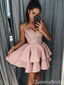 Sexy Spaghetti Straps Pink Lace Appliques A-line Short Homecoming Dresses with Ruffles, QB0608