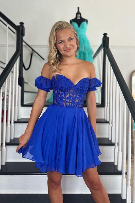 Elegant Royal Blue Lace Appliques Illusion Off Shoulder A-Line Cheap Simple Short Homecoming Dresses, QB0406