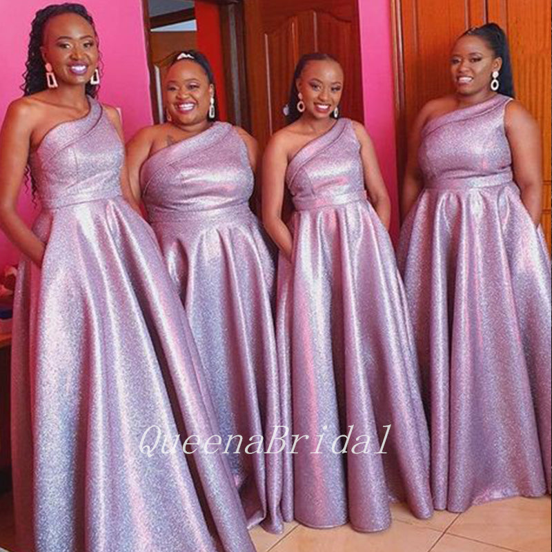 Light Pink Sequin A-Line  Long Cheap Elegant Bridesmaid Dresses, BDS0157