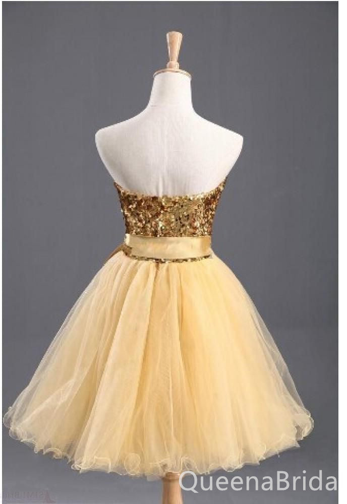 Gold Strapless Sparkle A-line Graduation Party Short Homecoming Dresses with Bow Belt,QB0748