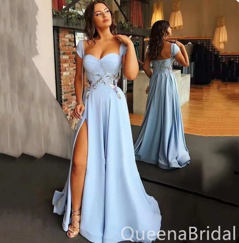 Sexy Gorgeous Blue Sweetheart A-line Appliques Evening Gown Long Formal Dresses Prom Dresses with Side Slit ,WGP780