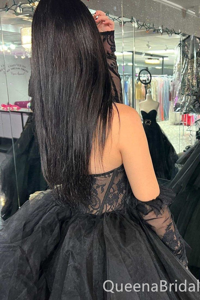 Black Lace Appliques Sheer Corset Strapless Layer A-line Evening Gown Maxi Long Evening Party Prom Dresses with Trailing,WGP1024