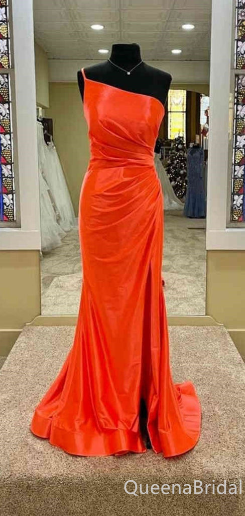 Sexy Orange Single Spaghetti Straps Evening Gown Maxi Long Formal Dresses Prom Dresses with High Slit ,WGP873