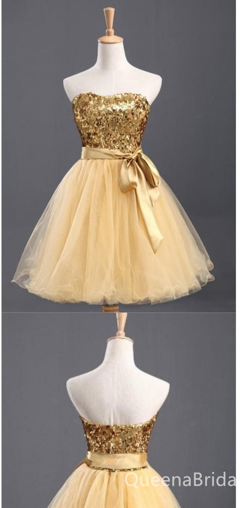 Gold Strapless Sparkle A-line Graduation Party Short Homecoming Dresses with Bow Belt,QB0748