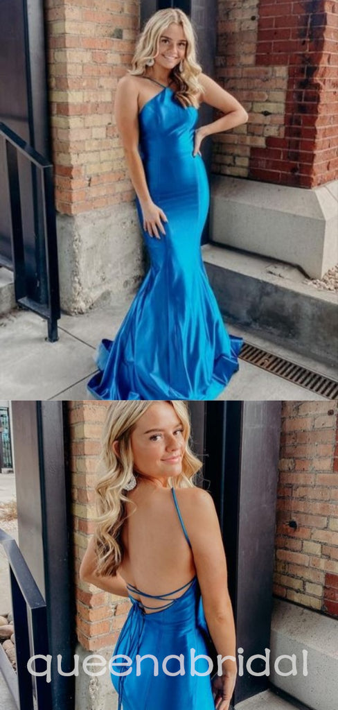 Halter Mermaid Blue Lace Up Back Evening Gown Maxi Long Evening Party Prom Dresses ,WGP1045