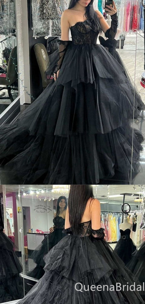 Black Lace Appliques Sheer Corset Strapless Layer A-line Evening Gown Maxi Long Evening Party Prom Dresses with Trailing,WGP1024