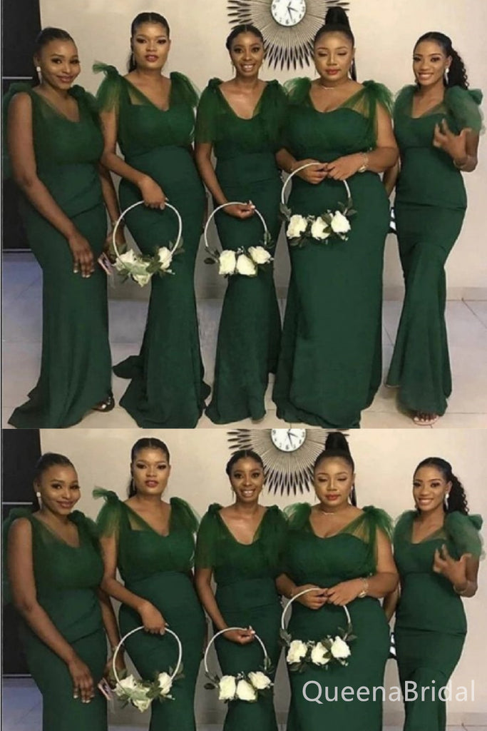 Tulle Illusion Green Mermaid Long Bridesmaid Dresses , BDS0190