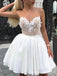 Sexy Spaghetti Straps White Sweetheart Lace Leaf Appliques Tulle A-line Short Homecoming Dresses ,QB0637