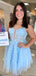 Elegant Blue Spaghetti Straps Lace Appliques Ruffles Tulle Simple Cheap Sheath Short Homecoming Dresses, QB0524