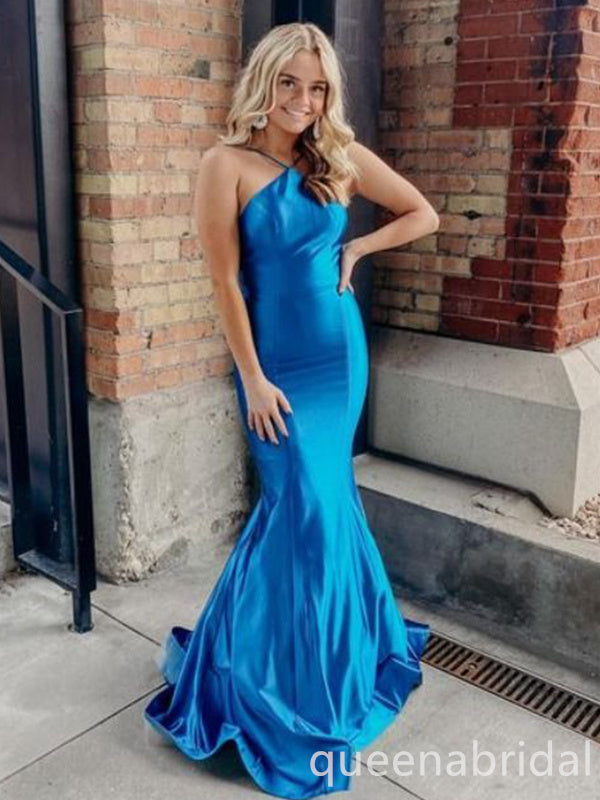 Halter Mermaid Blue Lace Up Back Evening Gown Maxi Long Evening Party Prom Dresses ,WGP1045