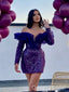 Sexy Purple Ruffle Off Shoulder Sequin Tulle Long Sleeves Short Homecoming Dresses, QB0376