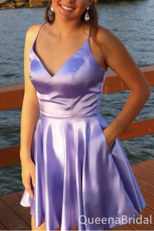 Sexy Simple Purple A-line Spaghetti Straps Short Homecoming Dresses with Pleats,QB0649