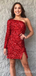 Red Mermaid One Shoulder Single Long Sleeve Sparkle Tight Graduation Party Short Homecoming Dresses ,QB0734