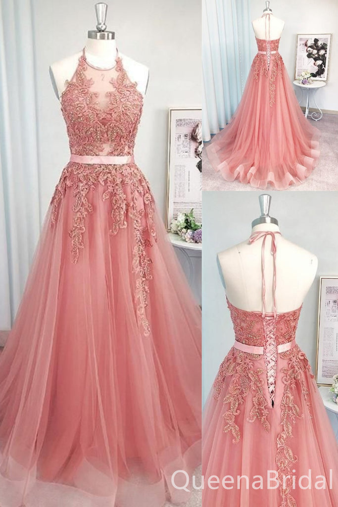 Pink Halter Lace Appliques A-line Evening Gown Maxi Long Evening Party Prom Dresses ,WGP1124