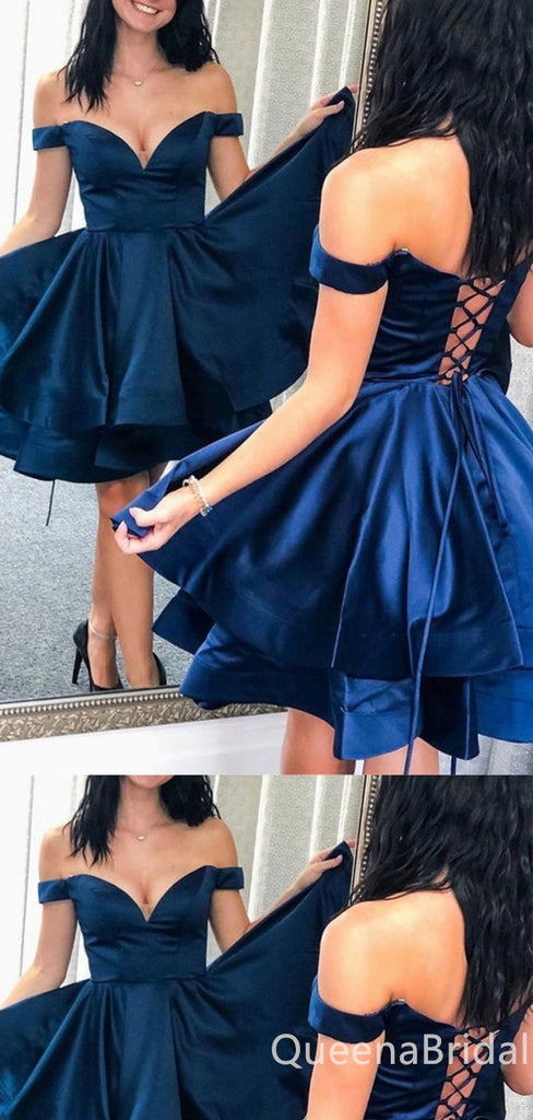 Sexy Plunging Blue Lace Up Back A-line Strapless Short Homecoming Dresses with Pleats, QB0616