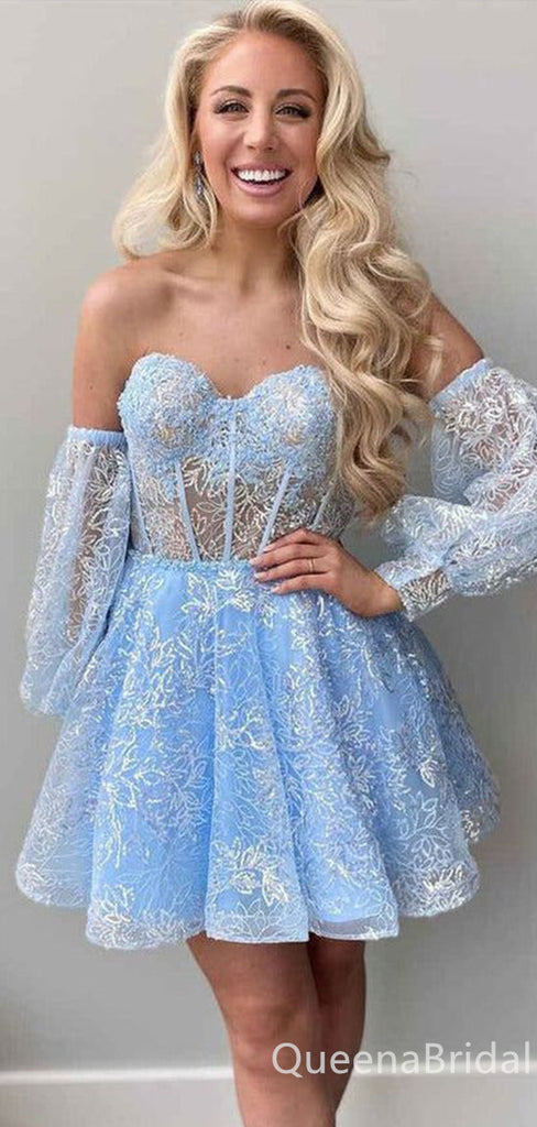 Sexy Lace Appliques Strapless Short Homecoming Dresses with sleeves, QB0587