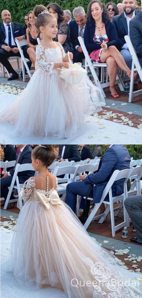 Cute Beading Elegant Lace Appliques 3/4 Sleeves Tulle Ball Gown Flower Girl Dresses with Trailing , FGS0057