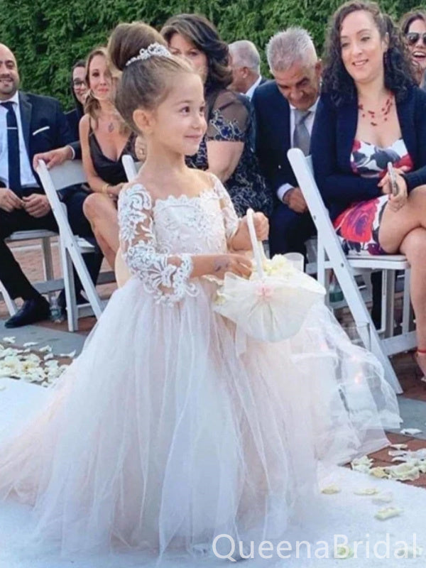 Cute Beading Elegant Lace Appliques 3/4 Sleeves Tulle Ball Gown Flower Girl Dresses with Trailing , FGS0057