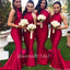 Elegant Red Halter Pleats Backless Soft Satin Mermaid Long Cheap Elegant Bridesmaid Dresses , BDS0152