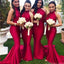 Elegant Red Halter Pleats Backless Soft Satin Mermaid Long Cheap Elegant Bridesmaid Dresses , BDS0152