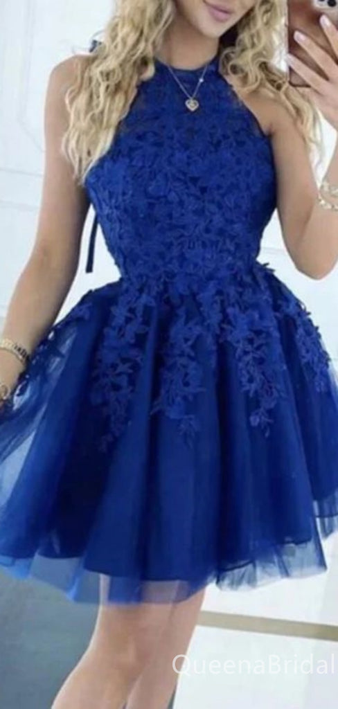 Sexy Halter Royal Blue Lace Appliques Tulle A-line Strapless Short Homecoming Dresses with Pleats, QB0617