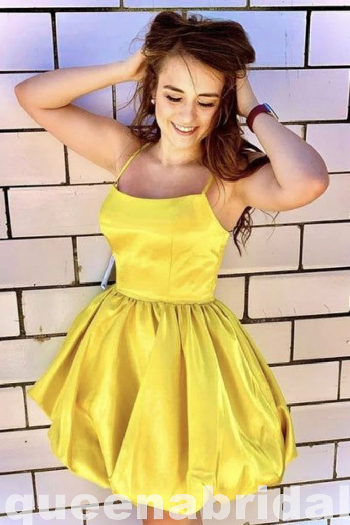 Yellow Spaghetti Straps A-line Graduation Party Short Homecoming Dresses, QB0781