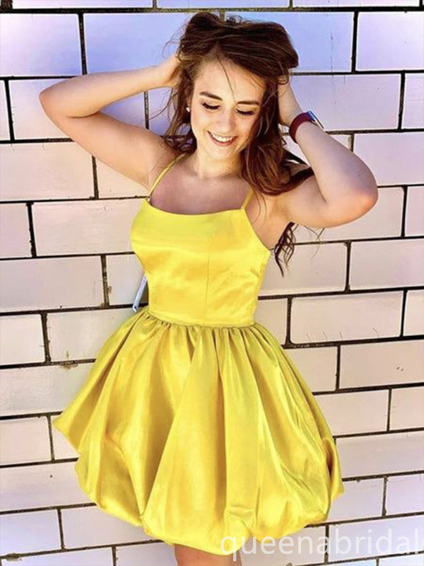 Yellow Spaghetti Straps A-line Graduation Party Short Homecoming Dresses, QB0781