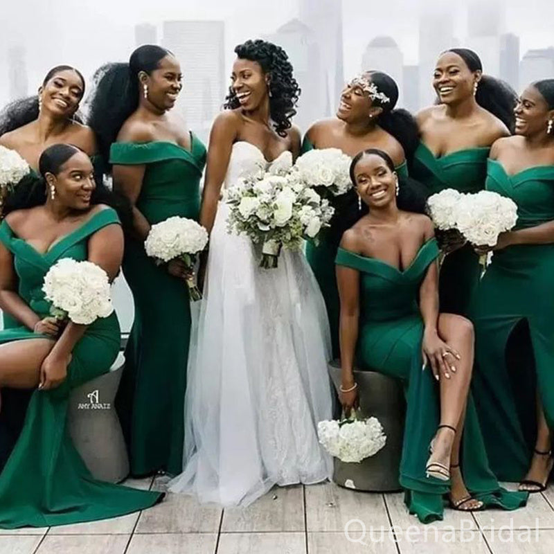 Off Shoulder Green Mermaid Plunging Long Bridesmaid Dresses , BDS0192