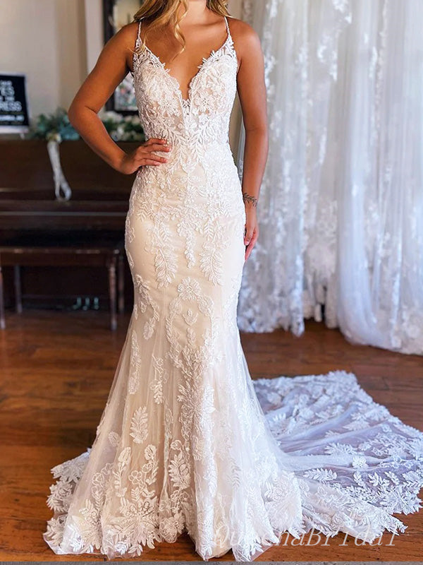 Elegant White Spaghetti Straps V Neck Lace Appliques Strapless Mermaid Long Wedding Dresses,WGP213