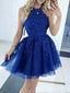 Sexy Halter Royal Blue Lace Appliques Tulle A-line Strapless Short Homecoming Dresses with Pleats, QB0617