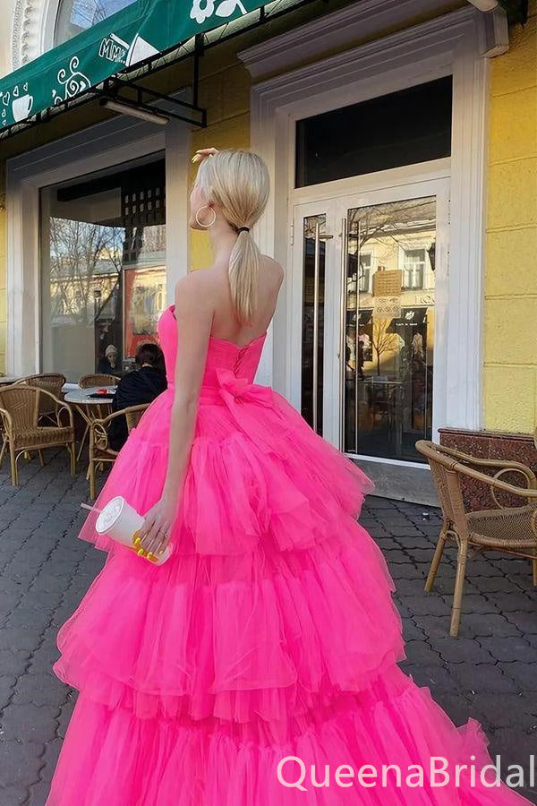 Pink Strapless High Low Layer Fluffy Evening Ball Gown Maxi Long Formal Dresses Prom Dresses ,WGP992