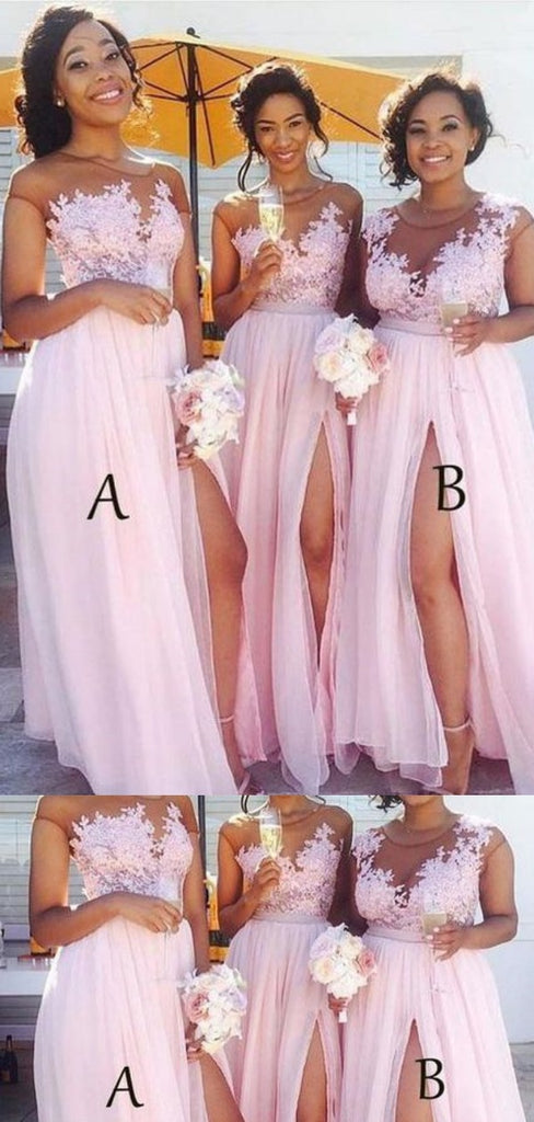 Mismatched Pink Tulle Side Slit Tulle Appliques Long Bridesmaid Dresses , BDS0175