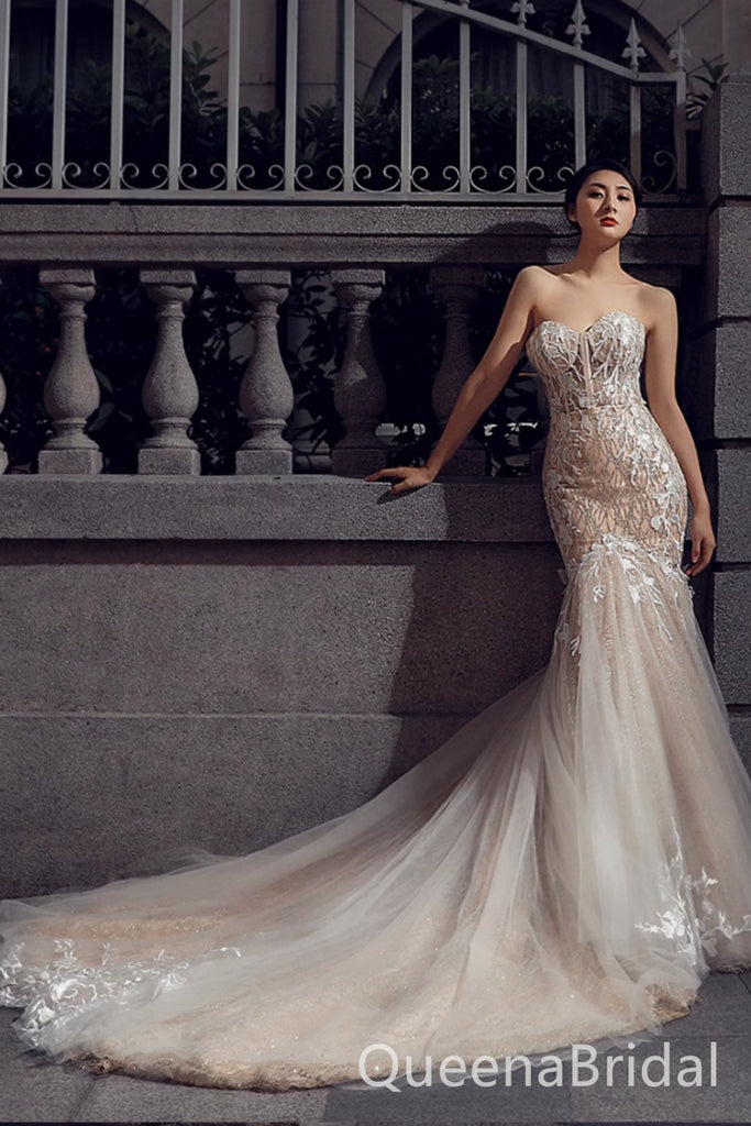 Stunning Strapless Lace Appliques Sweetheart Mermaid Wedding Dresses with Trailing,WGP1326