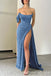 Blue Strapless Mermaid Evening Gown Long Evening Party Prom Dresses with High Slit,WGP1240