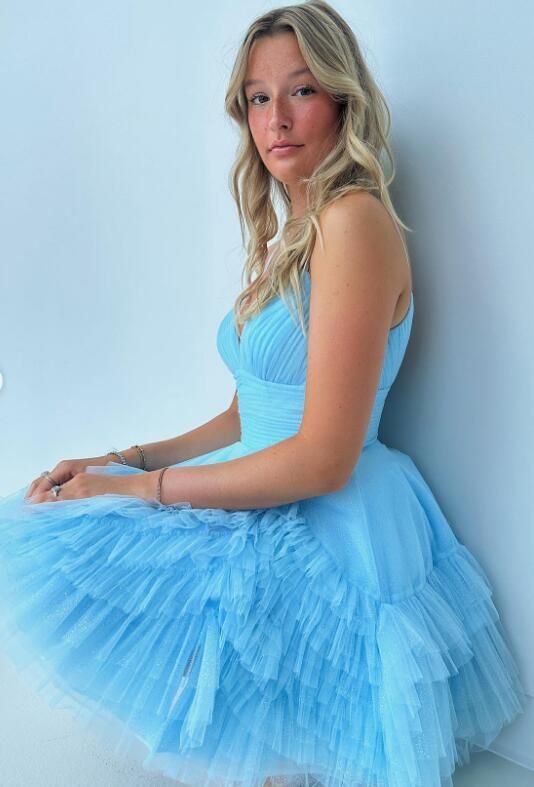 Elegant Blue Tulle Ruffle Pleats Spaghetti Straps V Neck A-Line Cheap Simple Short Homecoming Dresses, QB0412