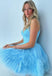 Elegant Blue Tulle Ruffle Pleats Spaghetti Straps V Neck A-Line Cheap Simple Short Homecoming Dresses, QB0412