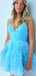 Elegant Blue Tulle Ruffle Pleats Spaghetti Straps V Neck A-Line Cheap Simple Short Homecoming Dresses, QB0412