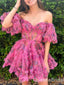 Sexy Off-the-shoulder Sweetheart A-line Floral Short Short Homecoming Dresses Tight with Ruffles, QB0625