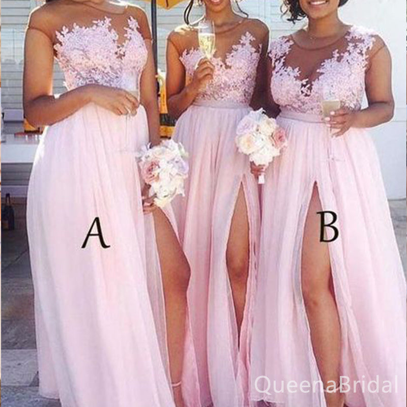 Mismatched Pink Tulle Side Slit Tulle Appliques Long Bridesmaid Dresses , BDS0175