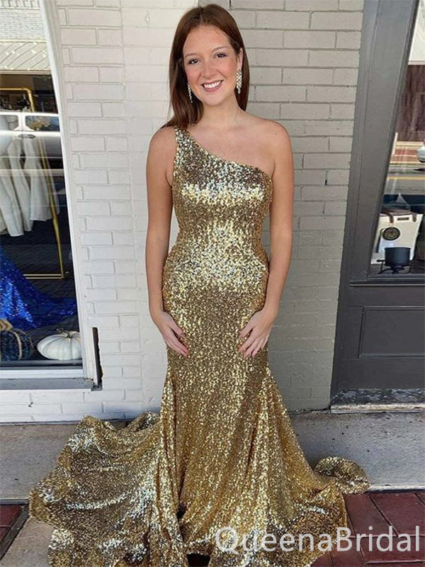 Sparkle Gold One Shoulder Mermaid Evening Gown Maxi Long Evening Party Prom Dresses with trailing ,WGP1114